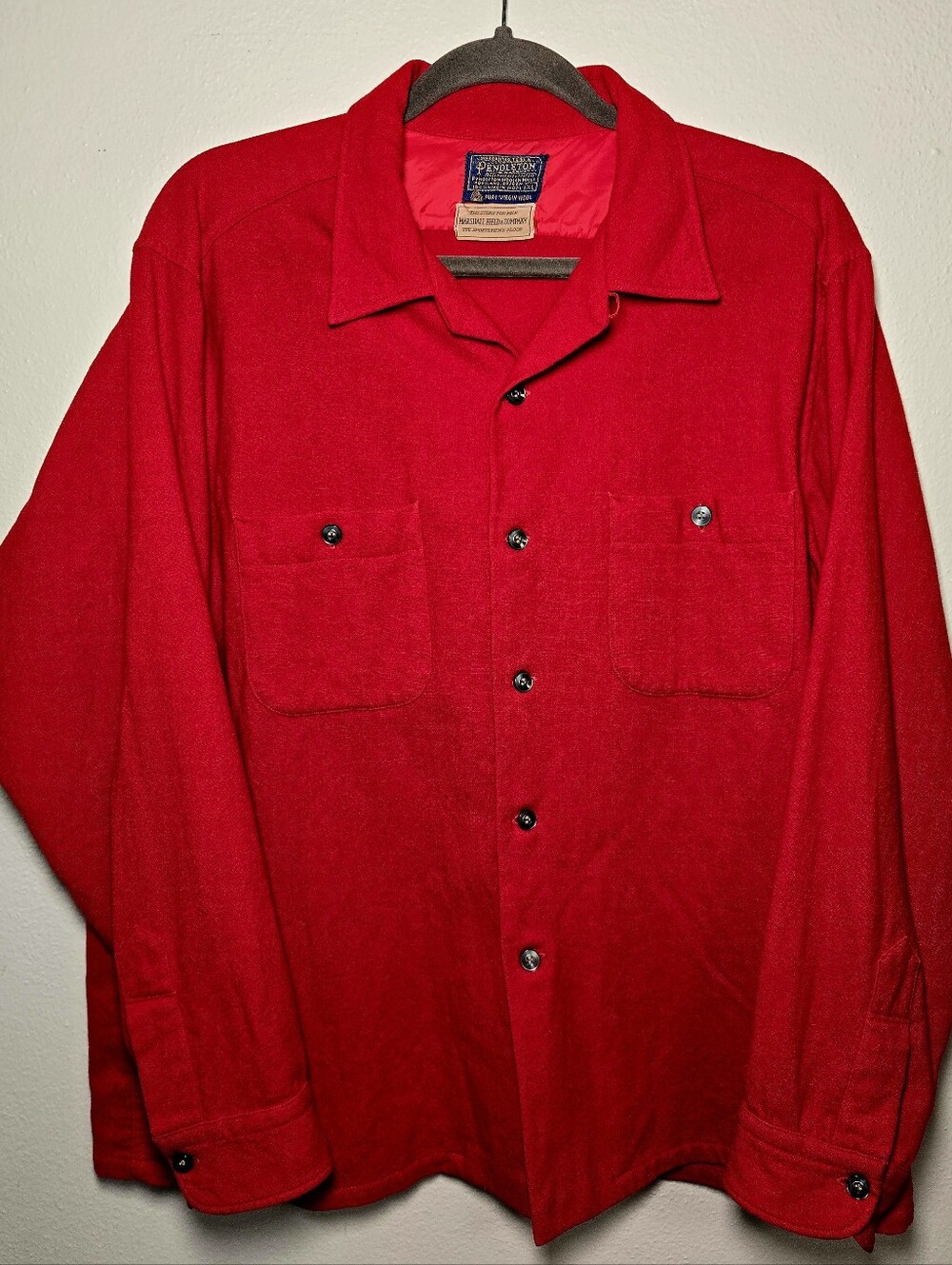 VTG Pendleton Wool Board Shirt Men XL Red Marshall Field Loop Collar USA 60s 70s